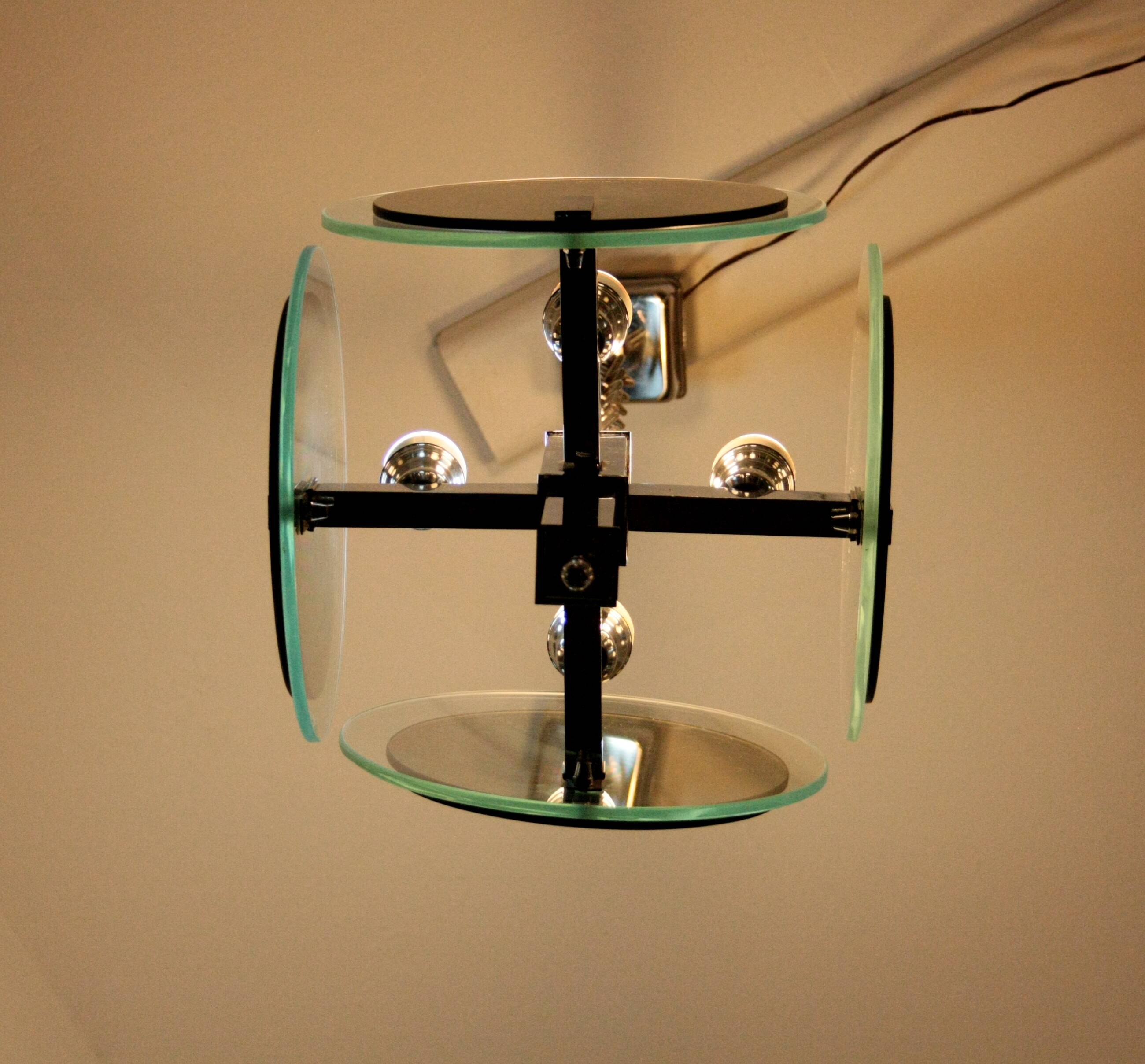 Vintage Art Deco chandelier in chrome metal and glass, Italy, 1970s