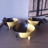 3 bowls, vintage Vallauris ceramic tripod cups
