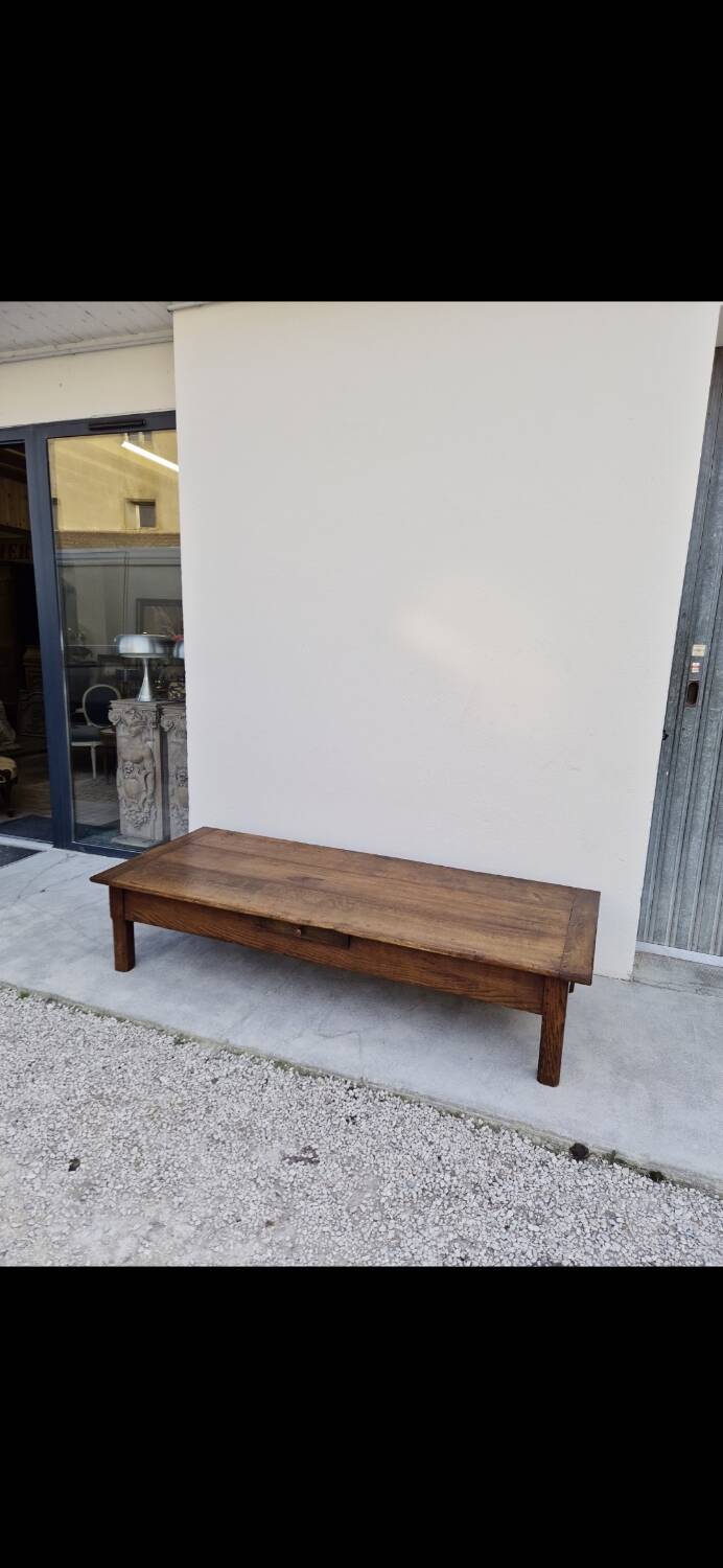 Rustic farmhouse coffee table with two drawers, solid oak, 19th century - 1.97m