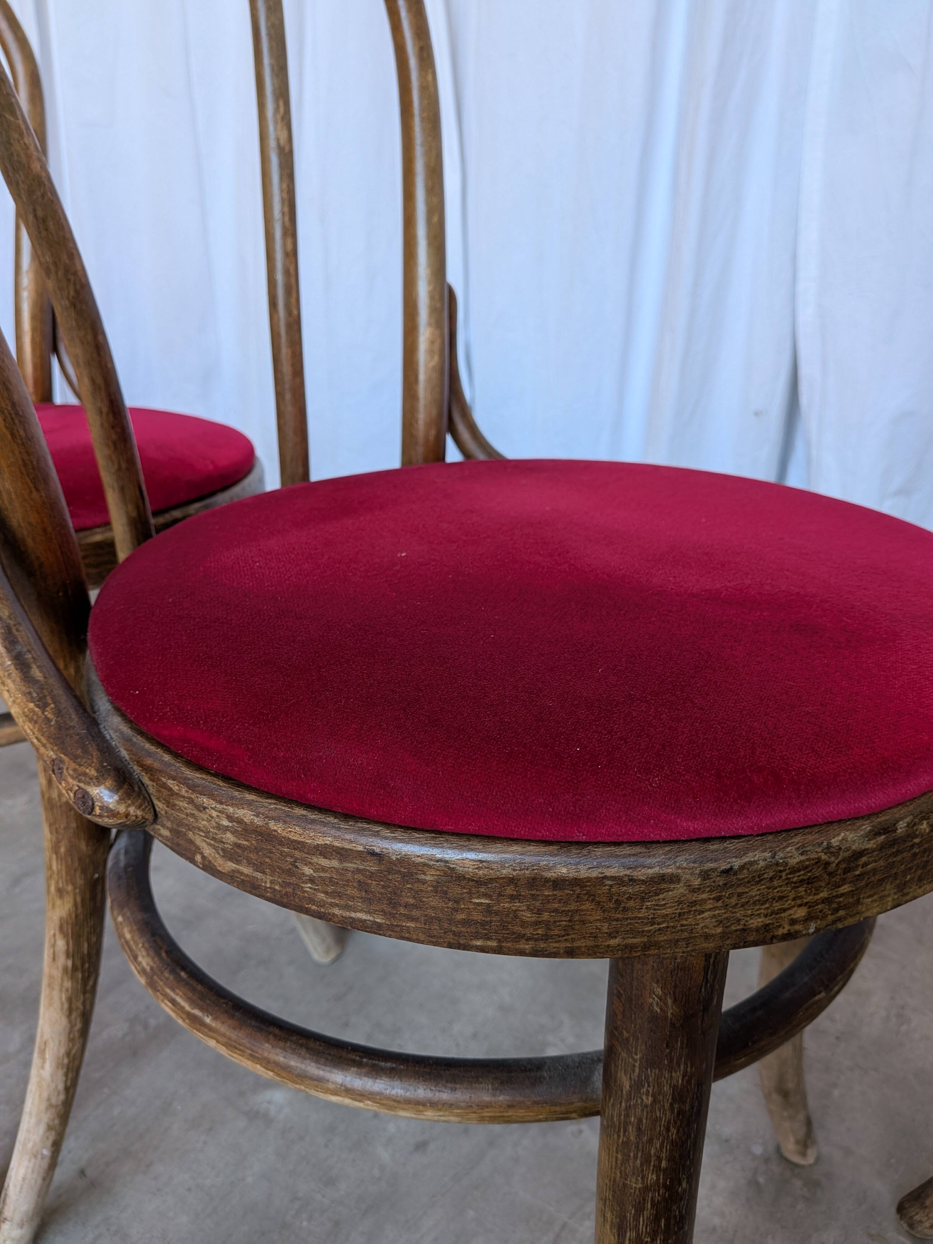 Set of 6 Vintage Bentwood Dining Chairs Set: 1970s , Red Uphols