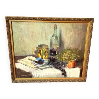 Still life in oil on canvas signed 1950 vintage