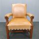 Antique Danish Leather Armchair Carved Wood Club Chair, Early 1900s