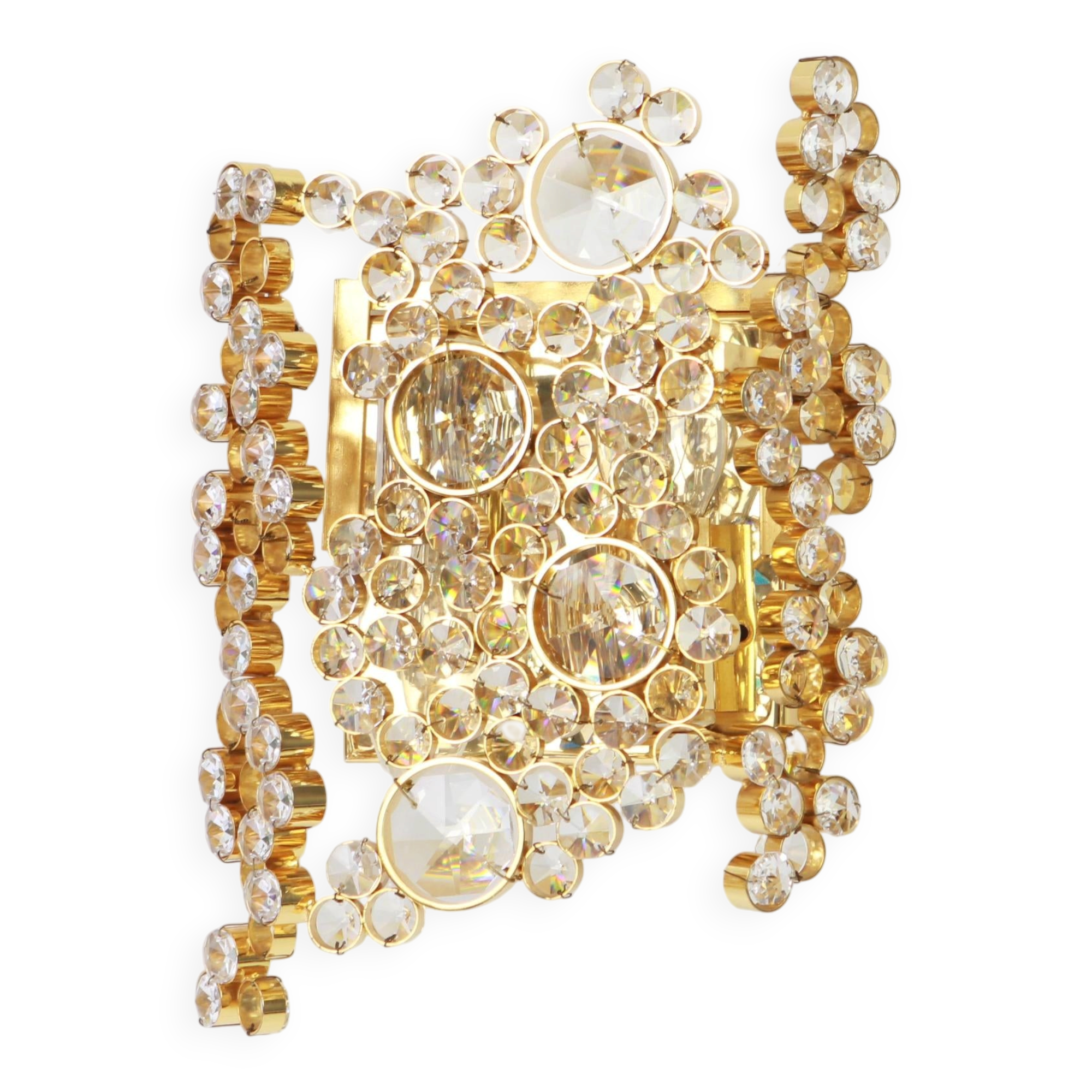 Pair of wall sconces in gilded brass and crystal by Palwa, Germany, 1960s.