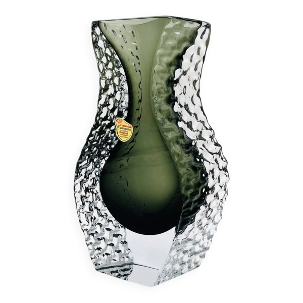 Vase Joska Brutaliste Ice Glass Cristal Gris Vert Olive Années 70