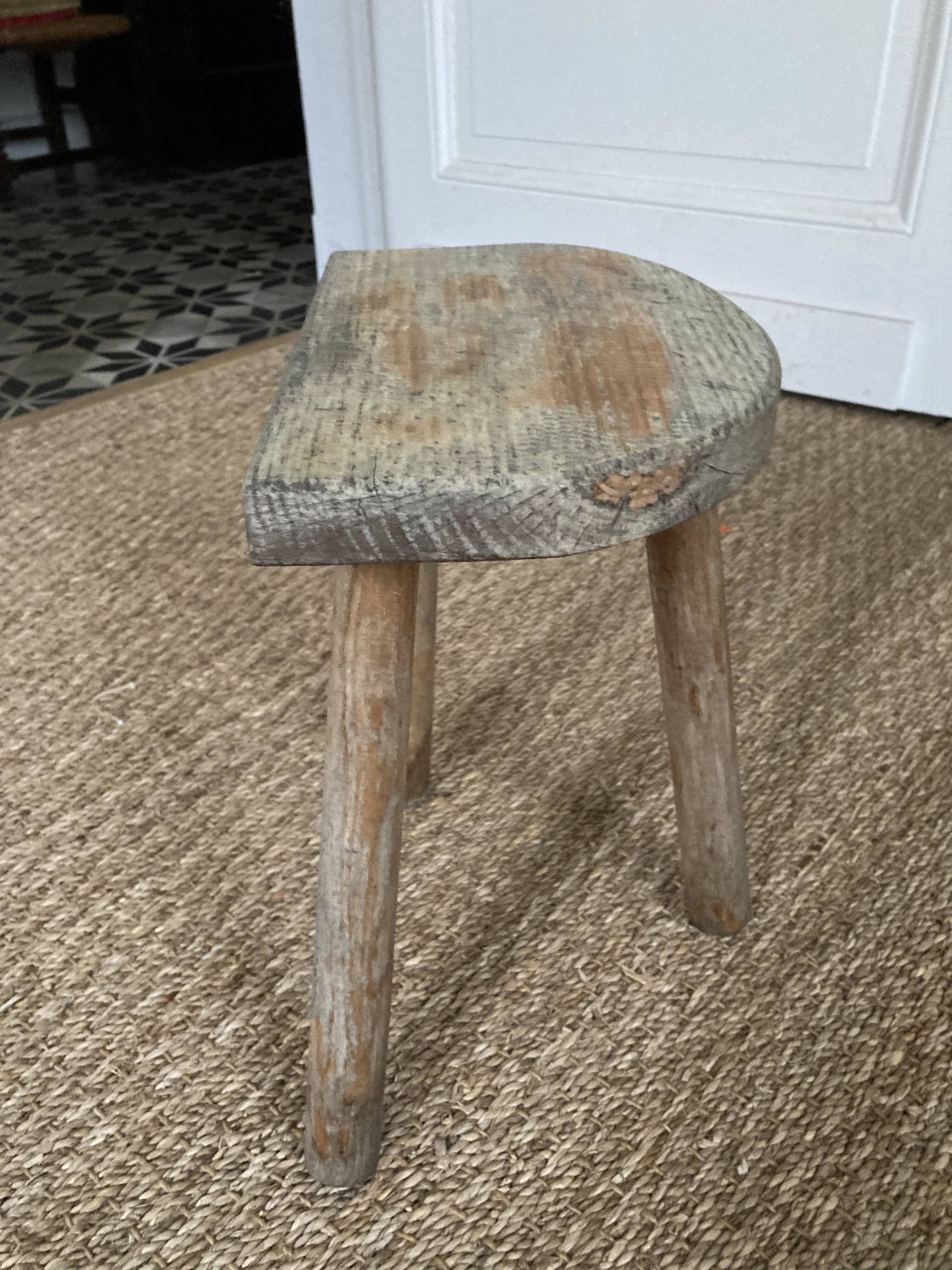 Antique brutalist wooden tripod stool