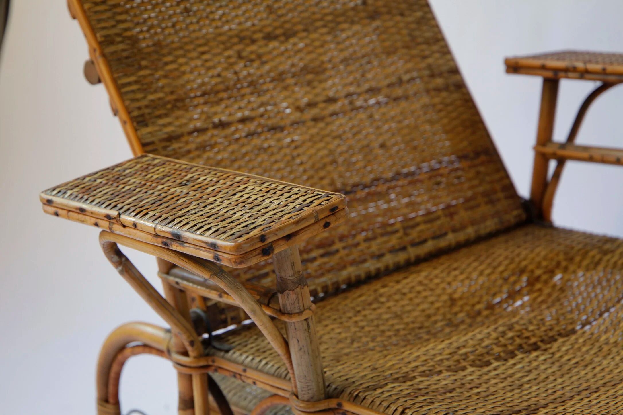 Vintage reclining armchair in rattan and bamboo, French Riviera, year