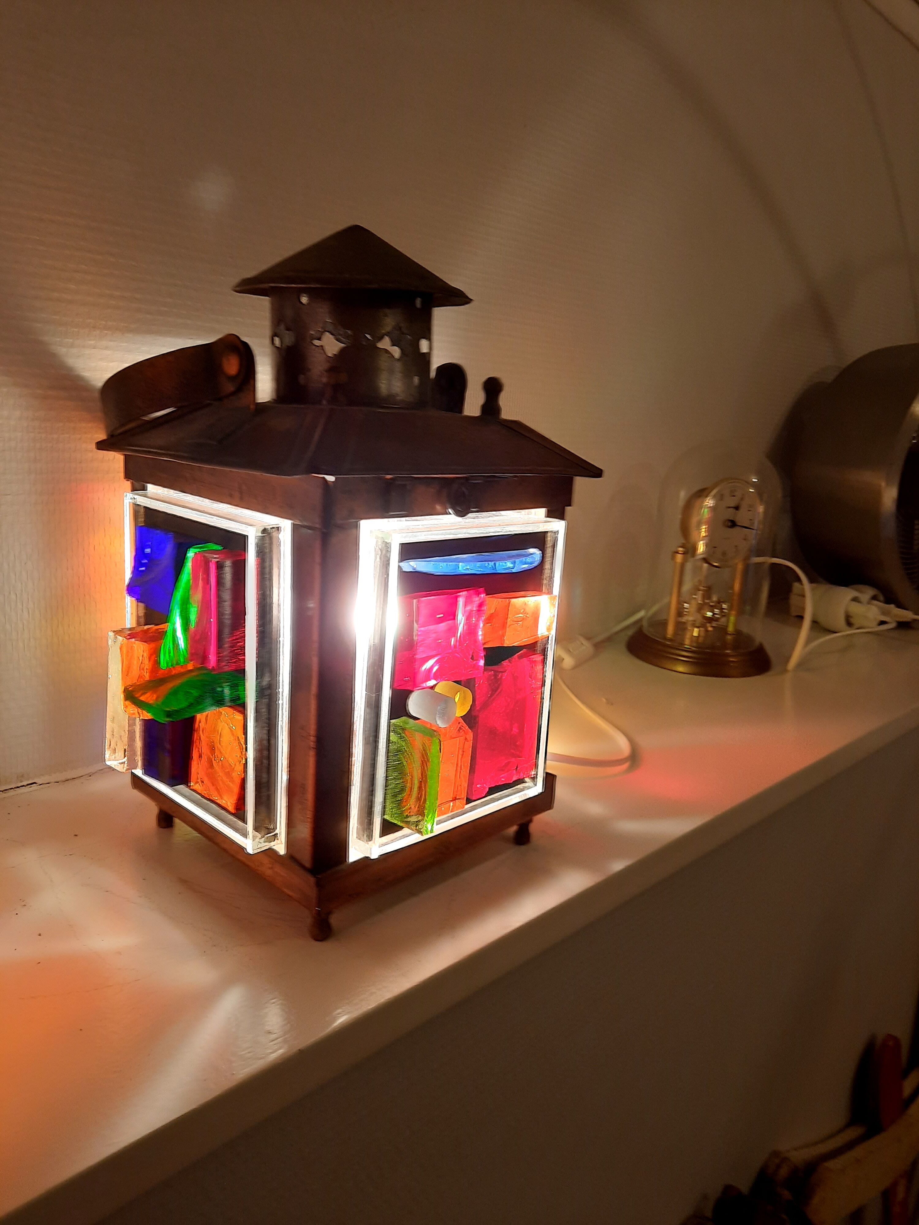 Copper lantern table lamp and 60s multicolored glasses