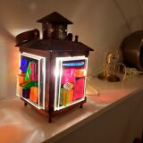 Copper lantern table lamp and 60s multicolored glasses