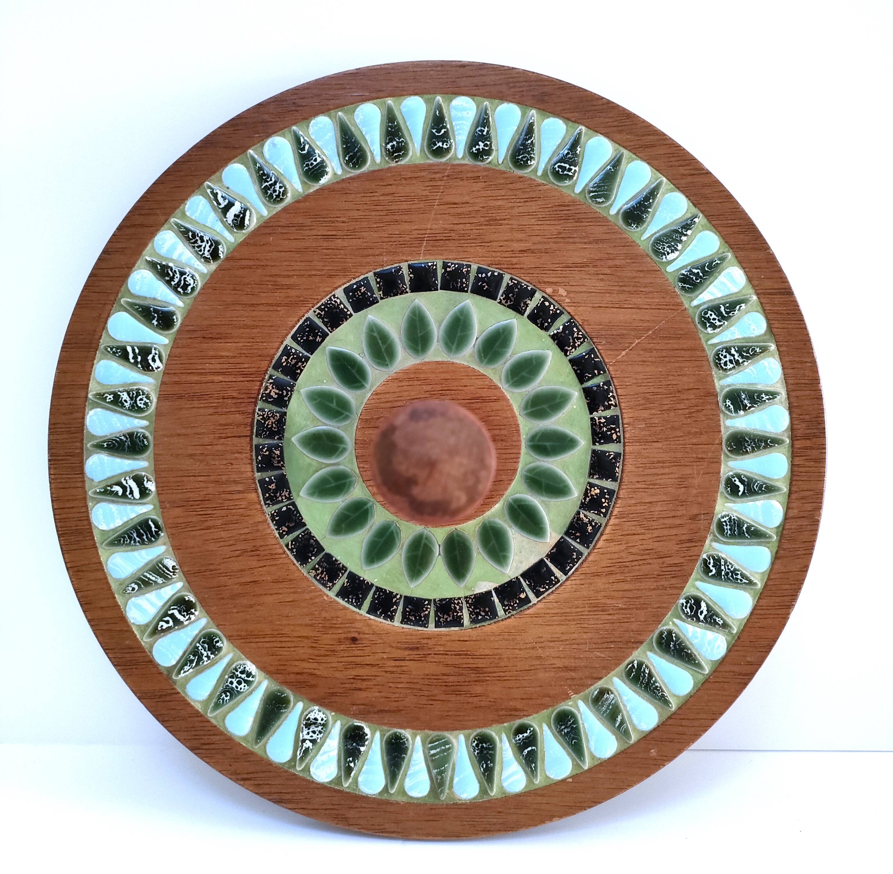 Wooden cheese tray with vintage enameled decor