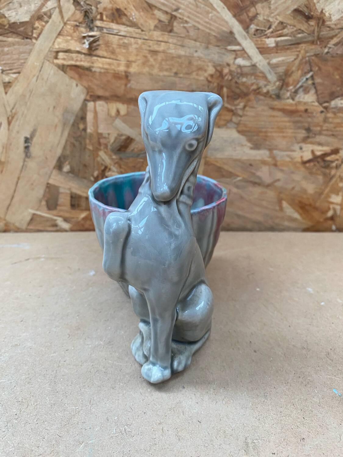Old grey ceramic greyhound decor pot vintage