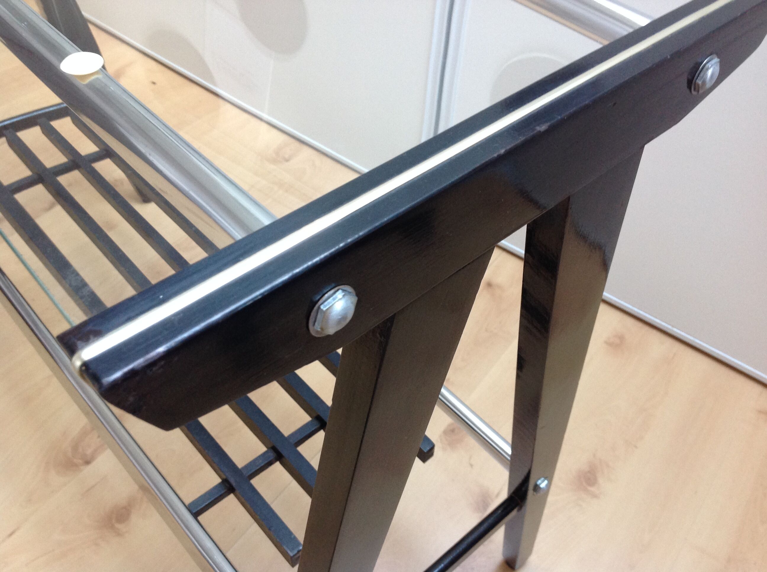 Console in black lacquered wood and chromed metal / vintage 60s-70s