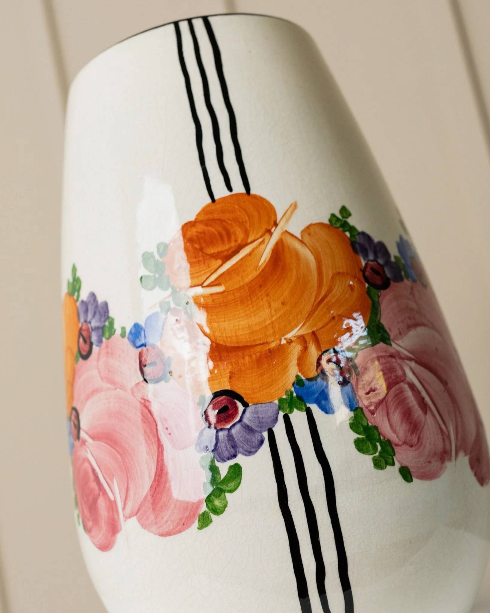 Cream Ceramic Vase by Zeh Scherzer - Hand-Painted Bulbous Mid-Century Floral Stripe, 1970s