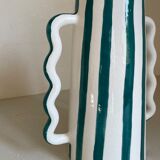 Fir and white green striped ceramic vase with handmade abstract wavy handles