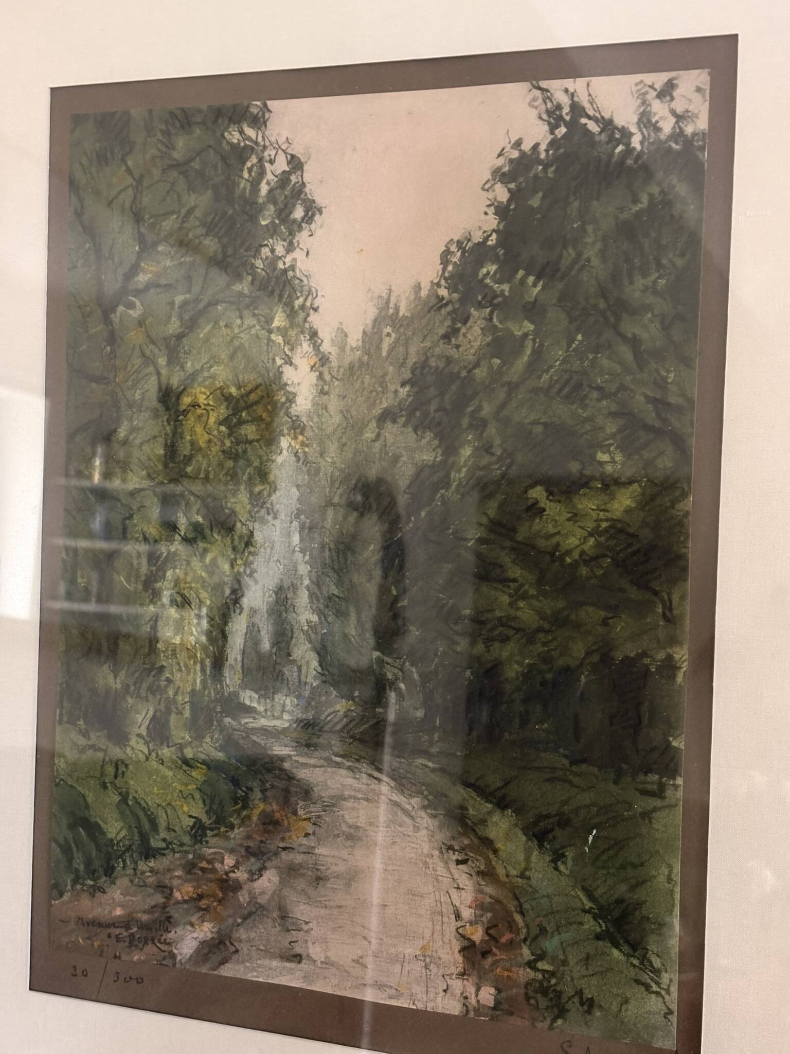 Enhanced Lithographic Engraving Path Under Wood Forest Tree Landscape Gilded