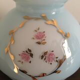 Pale blue opaline lampshade with flower decoration surrounded by a golden frieze