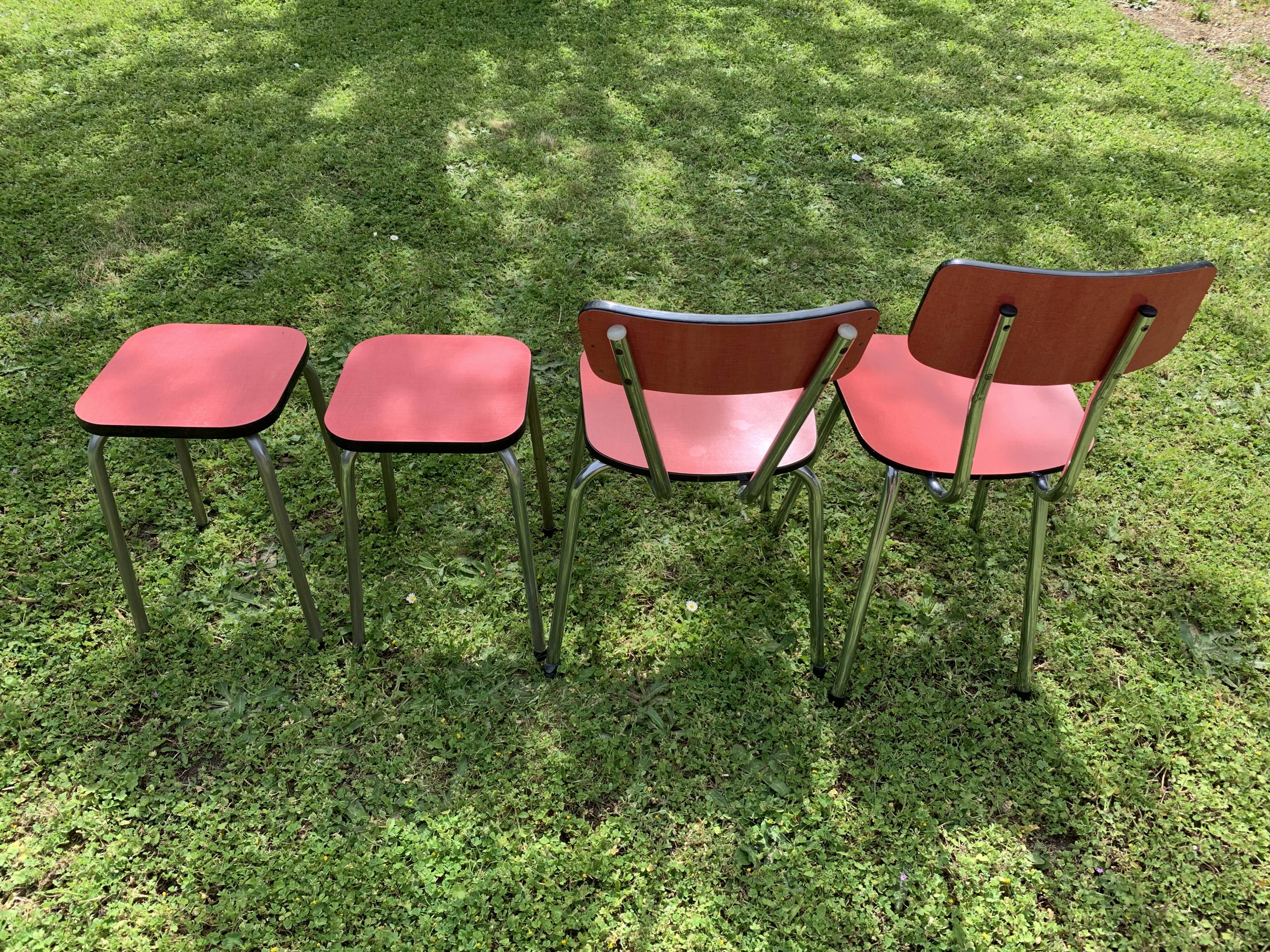 Formica table with 2 chairs and 2 stools