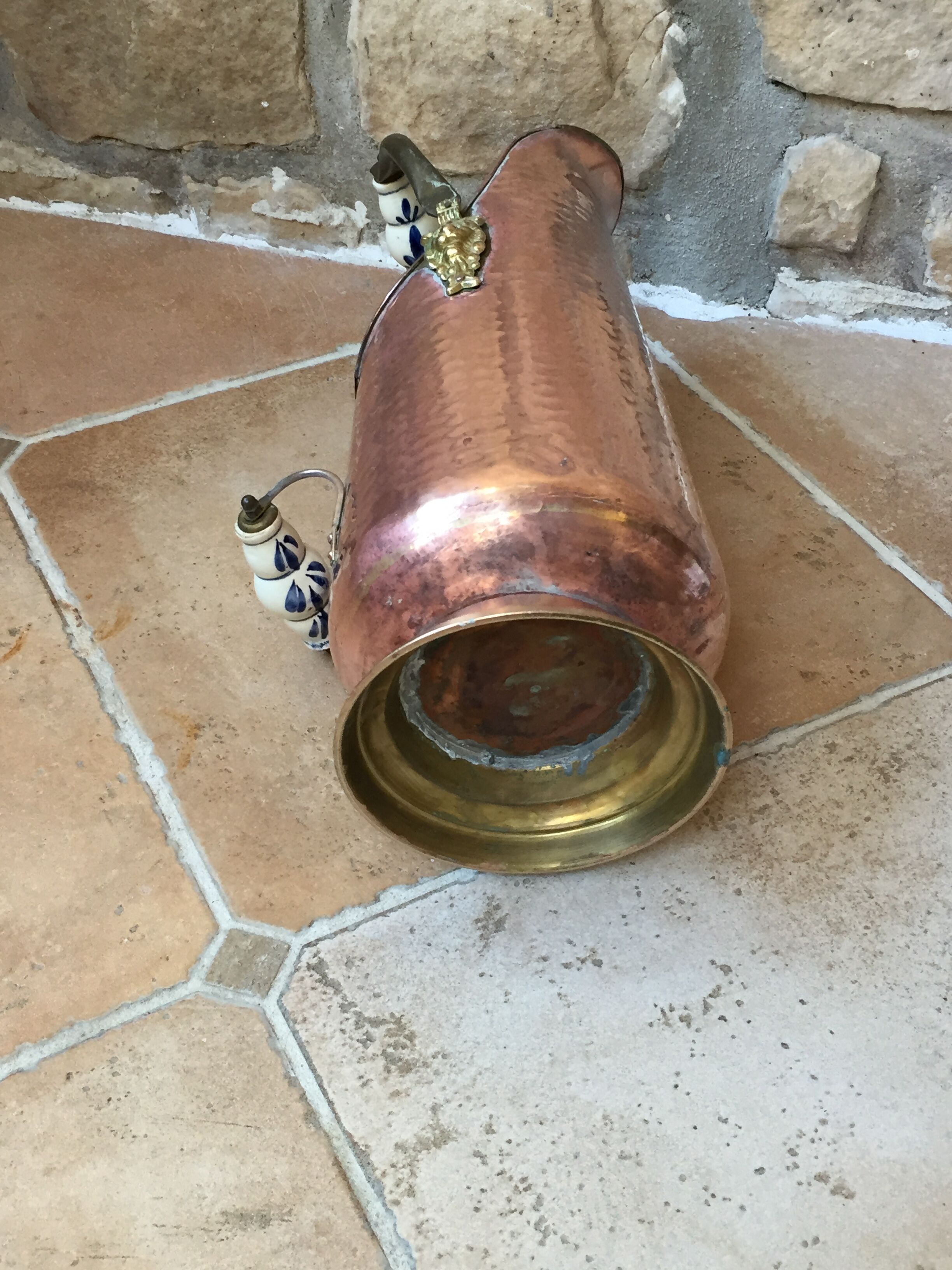 Pink hammered copper coal bucket and porcelain handles