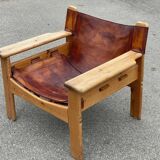Safari chair in pine and leather, first edition attributed to Karin Mobring, 1970s