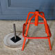 Screw stool red ironwork 1960 wooden seat