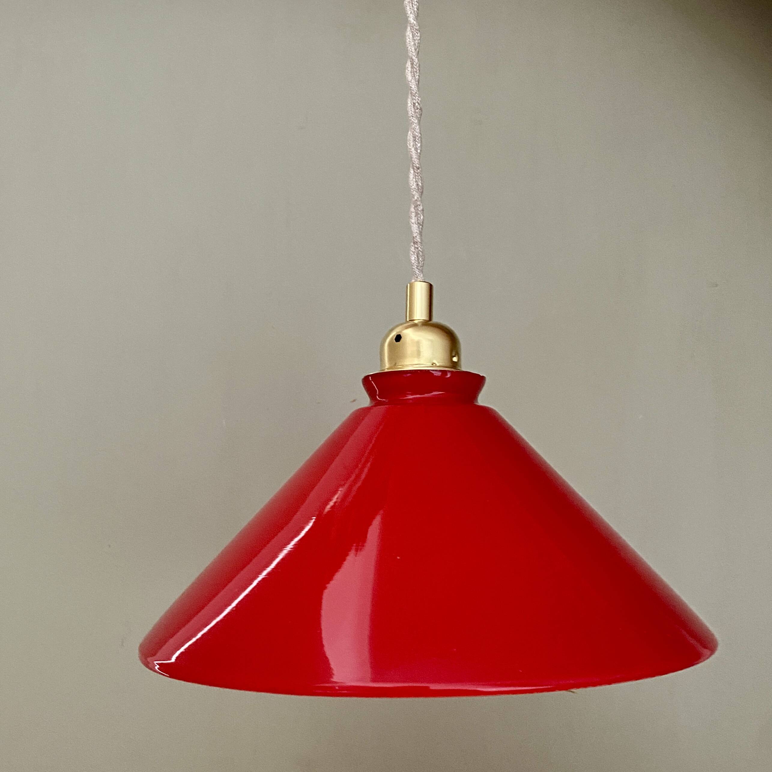 Vintage lampshade pendant light in red and white opaline