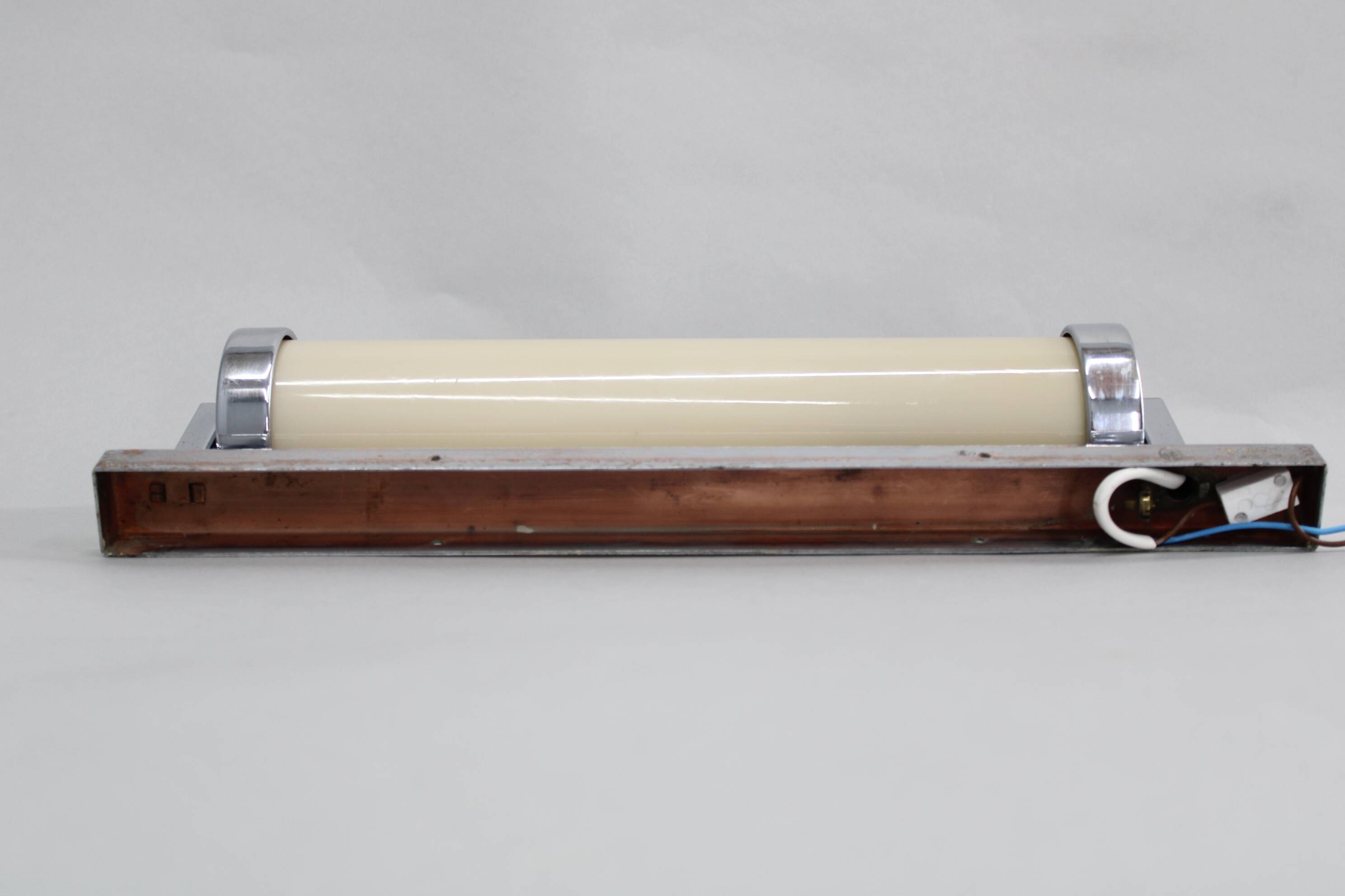 1930s Bauhaus tubular wall light, chrome & creamy glass, Czechoslovakia