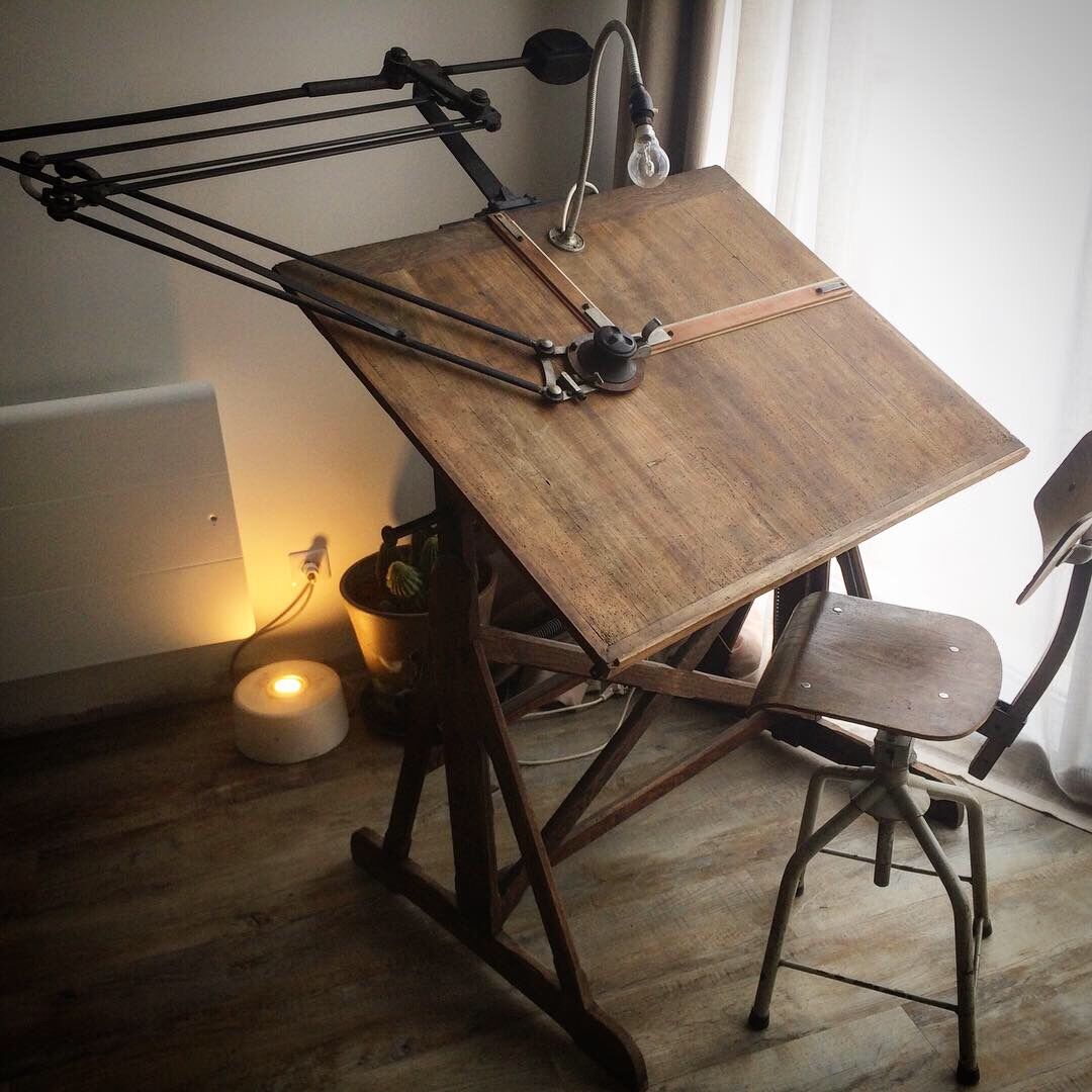 Wooden architect's table and metal movable arm 1950