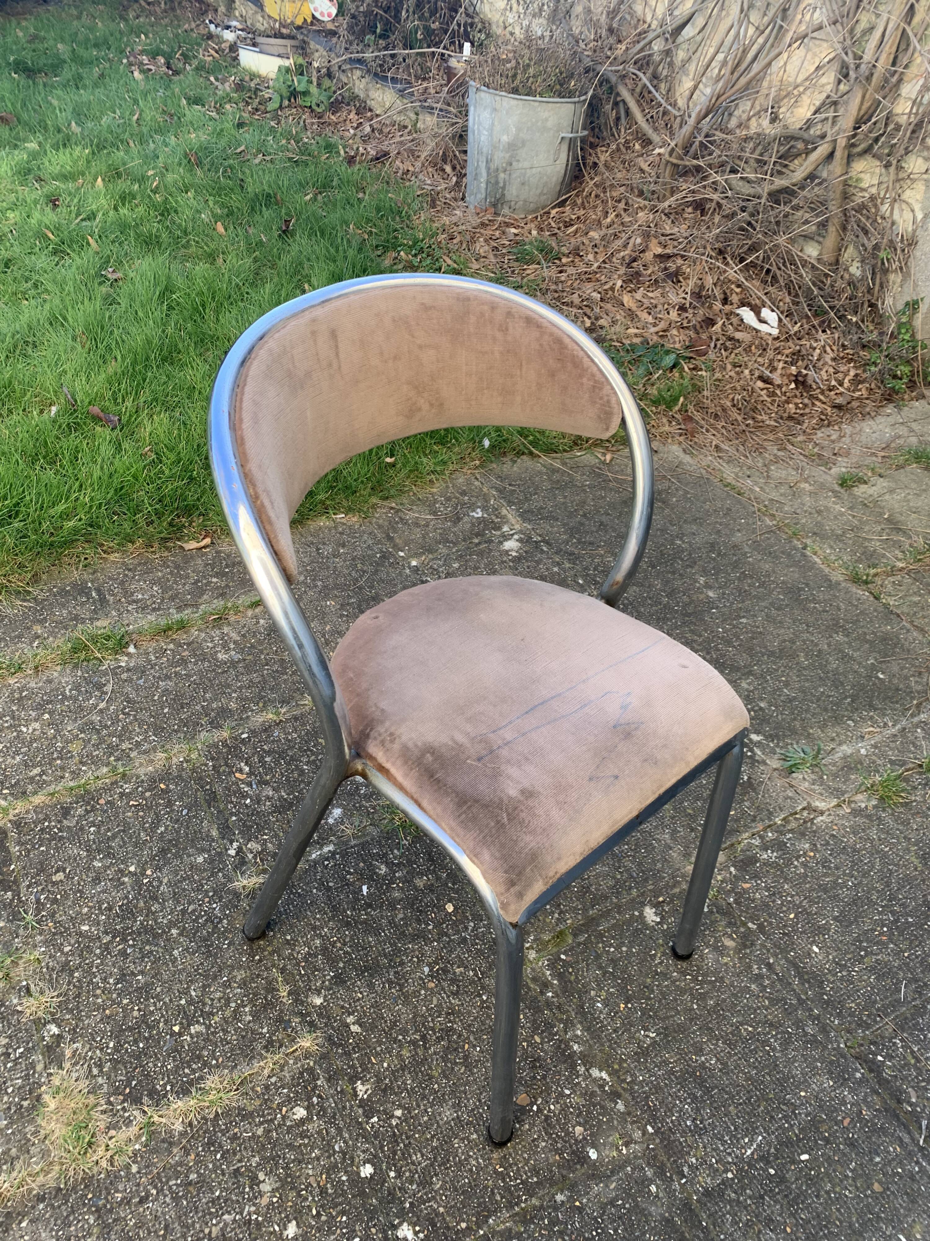 Chair in beige velvet and chrome, curved shape, vintage 1950
