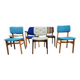 Set of 6 mismatched Scandinavian chairs 1960