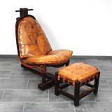 Brutalist oak lounge chair and ottoman, 1970s, set of 2