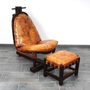 Brutalist oak lounge chair and ottoman, 1970s, set of 2