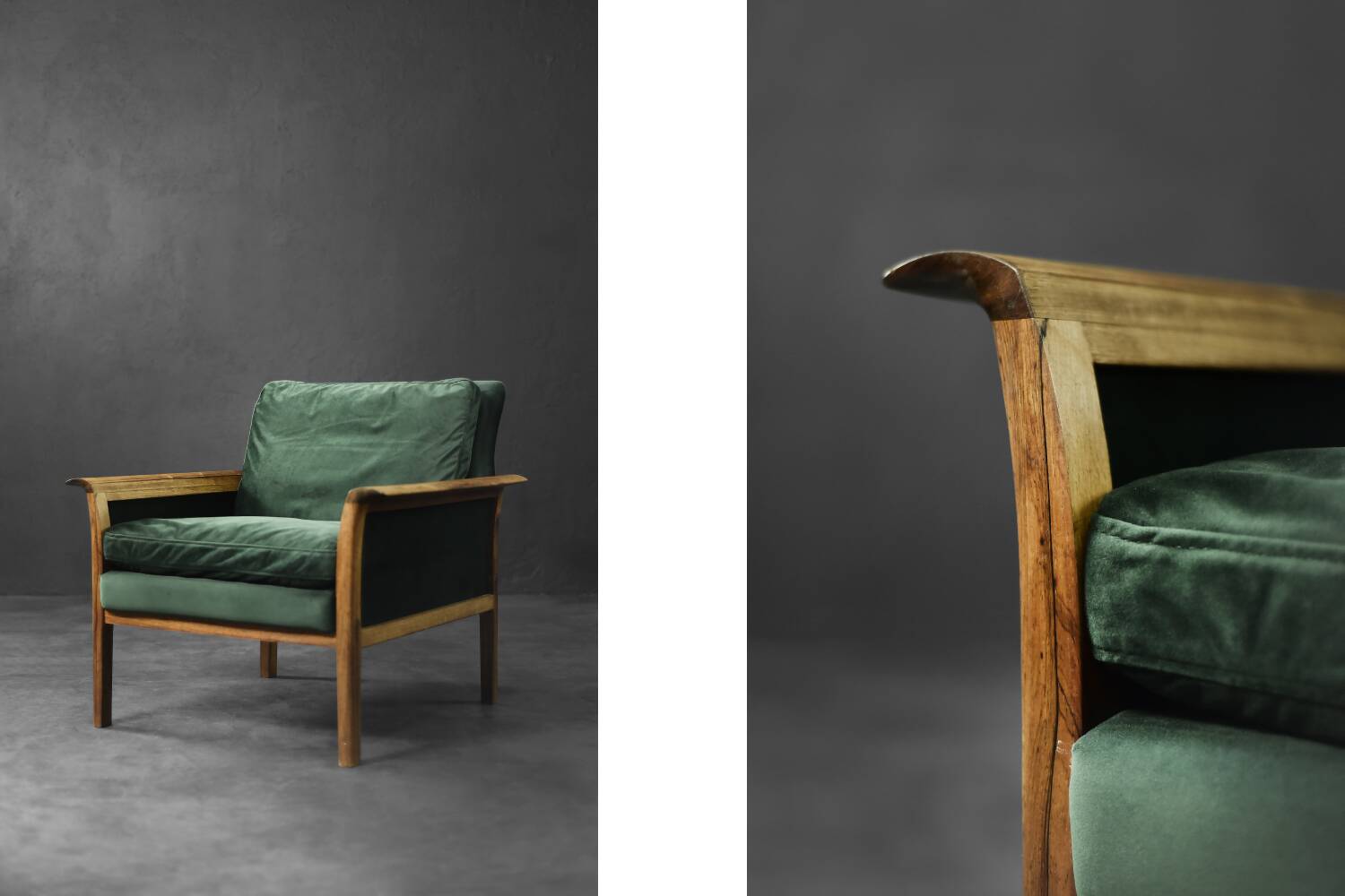 Vintage Mid-Century Modern Rosewood & Green Velour 3-Seater Sofa and Chair