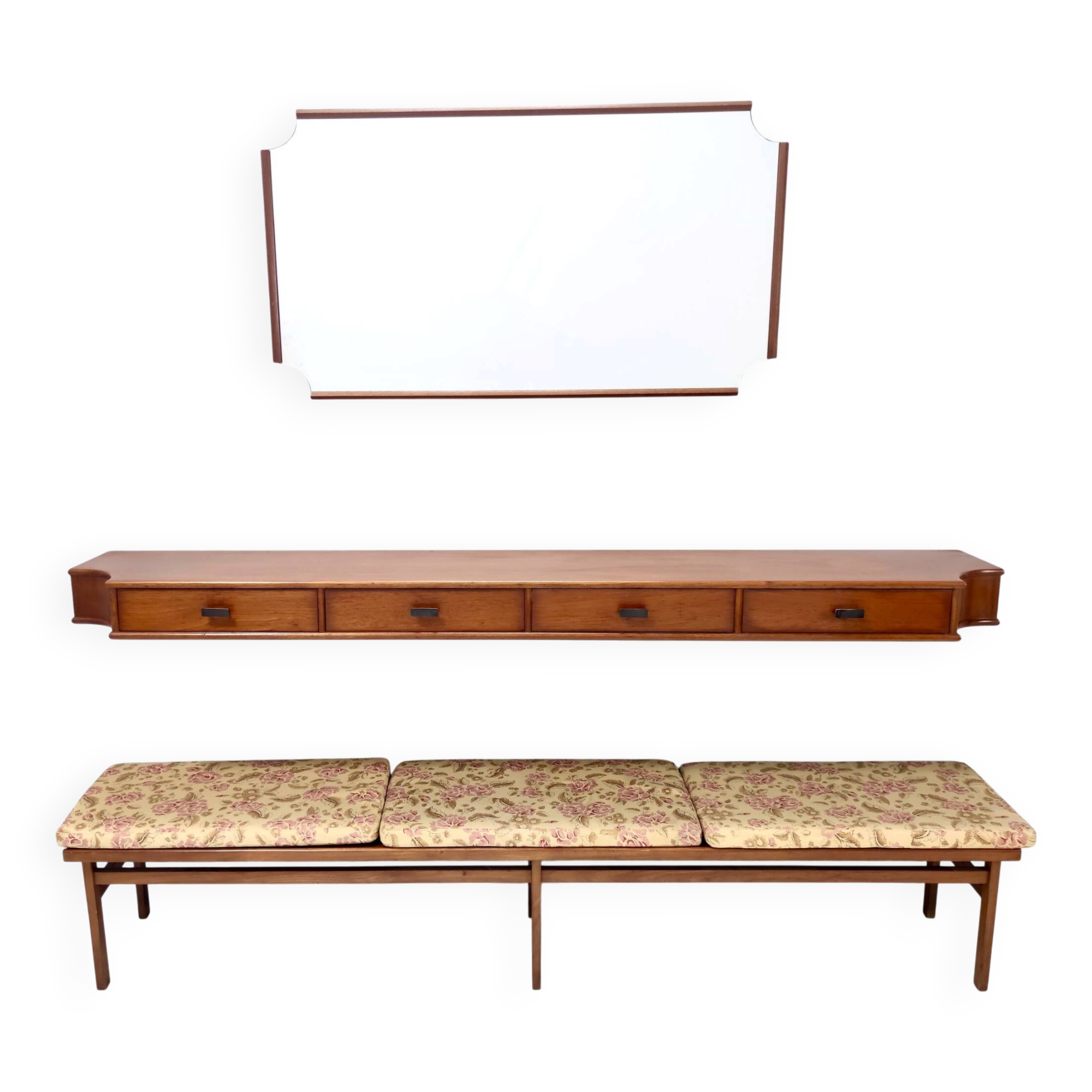 Ensemble d'entrée vintage avec miroir mural, console en noyer et banc par Brugnoli.