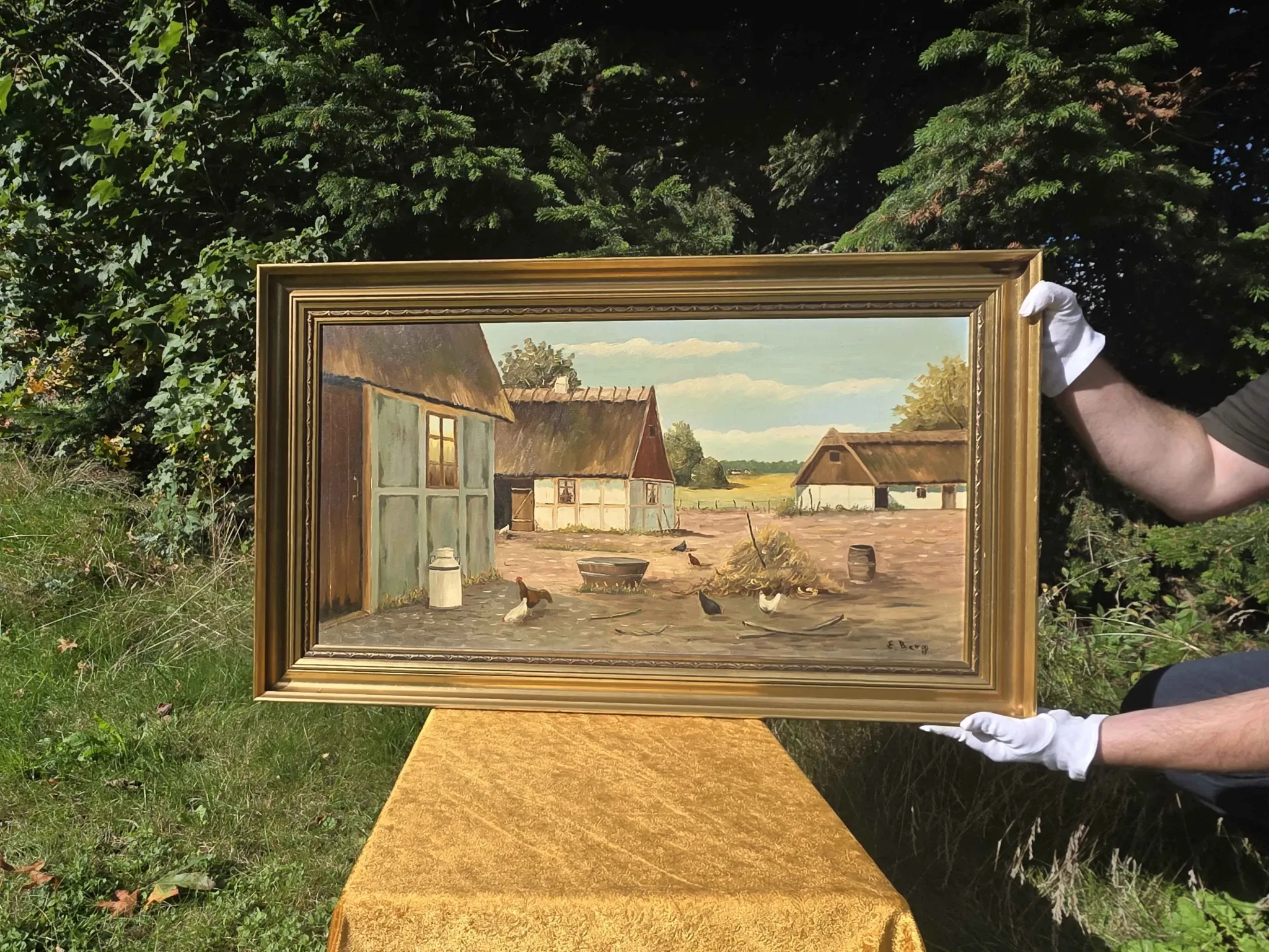 Vintage Oil Painting - Sunlit Farmyard with Chickens
