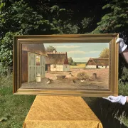 Vintage Oil Painting - Sunlit Farmyard with Chickens