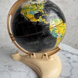 French mid-century school globe with black oceans on printed paper, cream plastic base