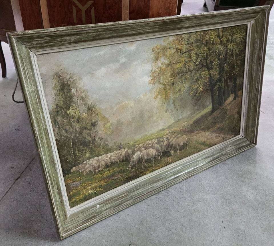 Oil on canvas depicting a flock of sheep.