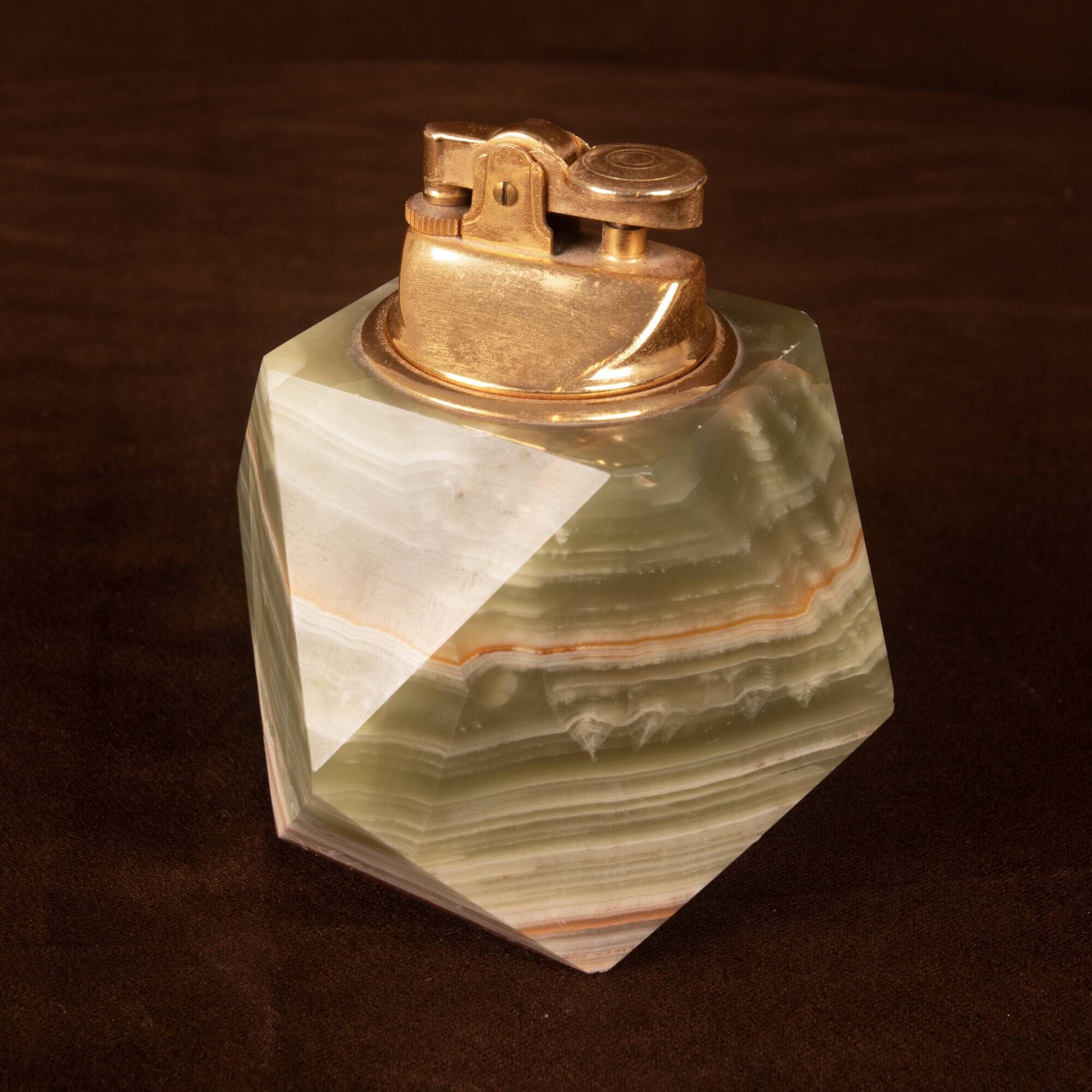 Italian Geometric Green Onyx and Brass Table Lighter, 1970