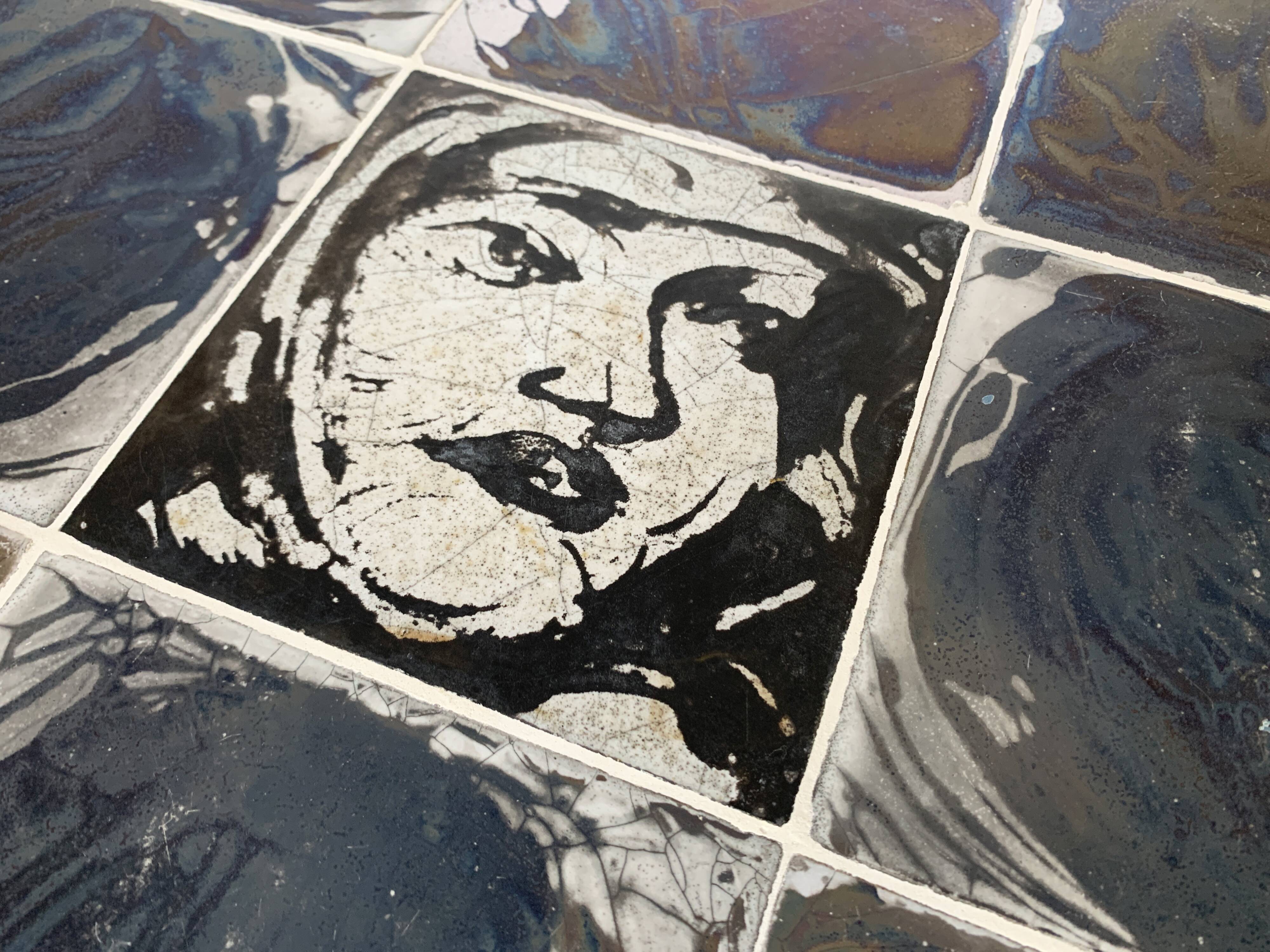 Vintage mahogany & ceramic enamel side table jens thirslund, kähler ceramic (hak), denmark