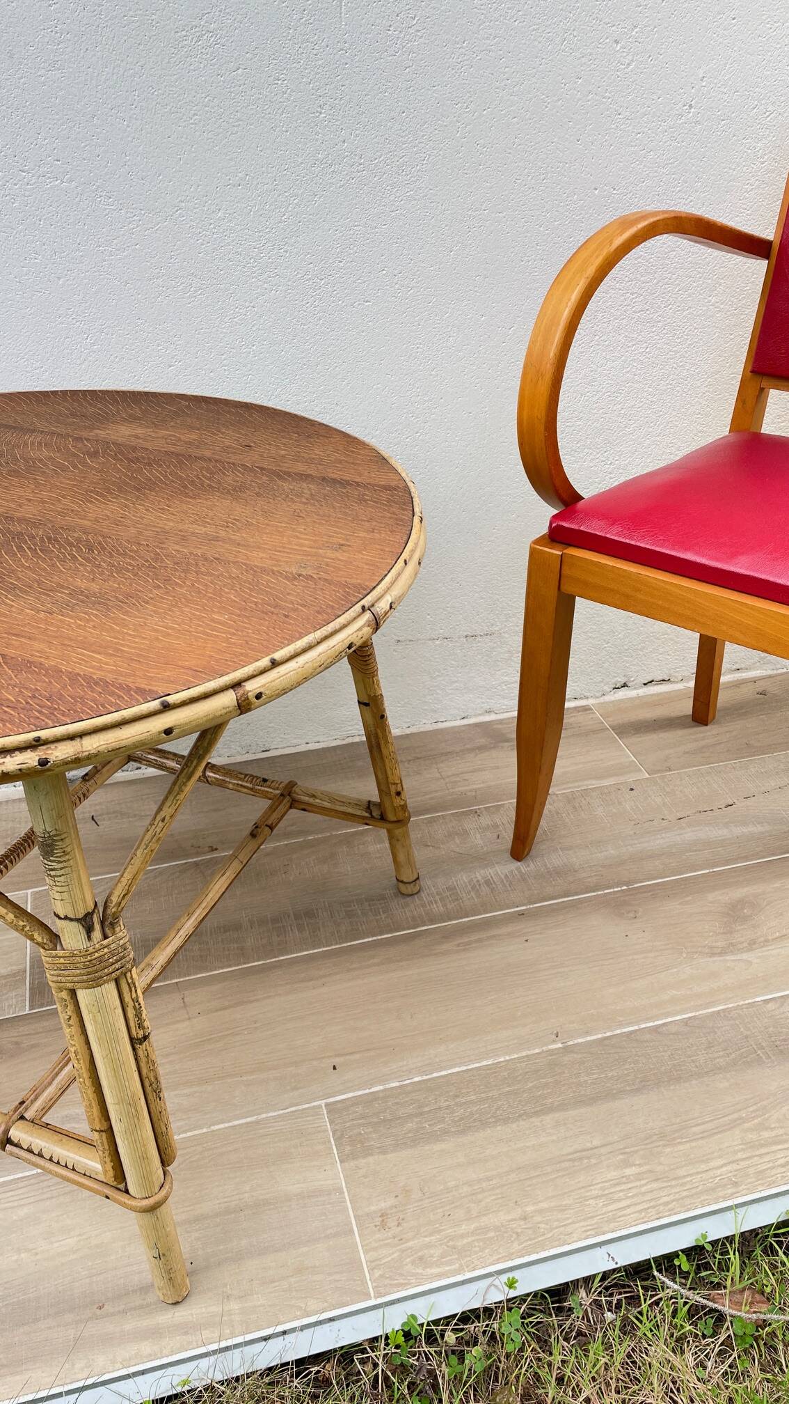 Vintage low table in oak and rattan