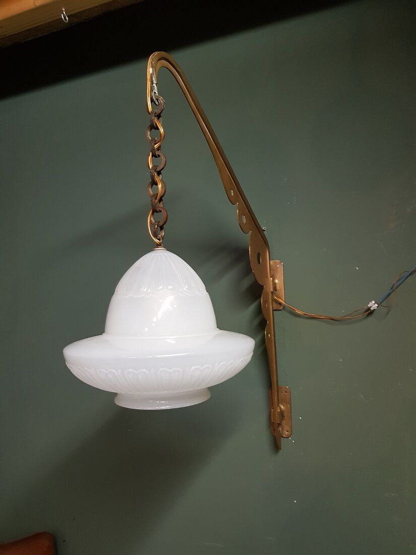 Early 20th century art deco wall lamp with brass bracket and opaline glass shade