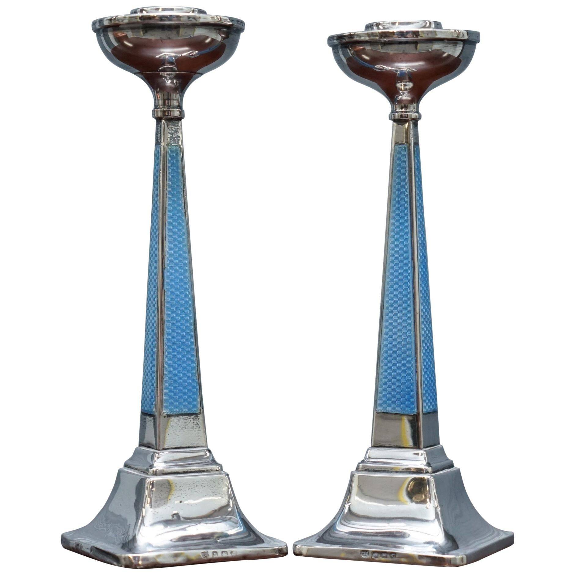 Pair of sterling silver and enamel candlesticks 1927 by Charles Green & Co.