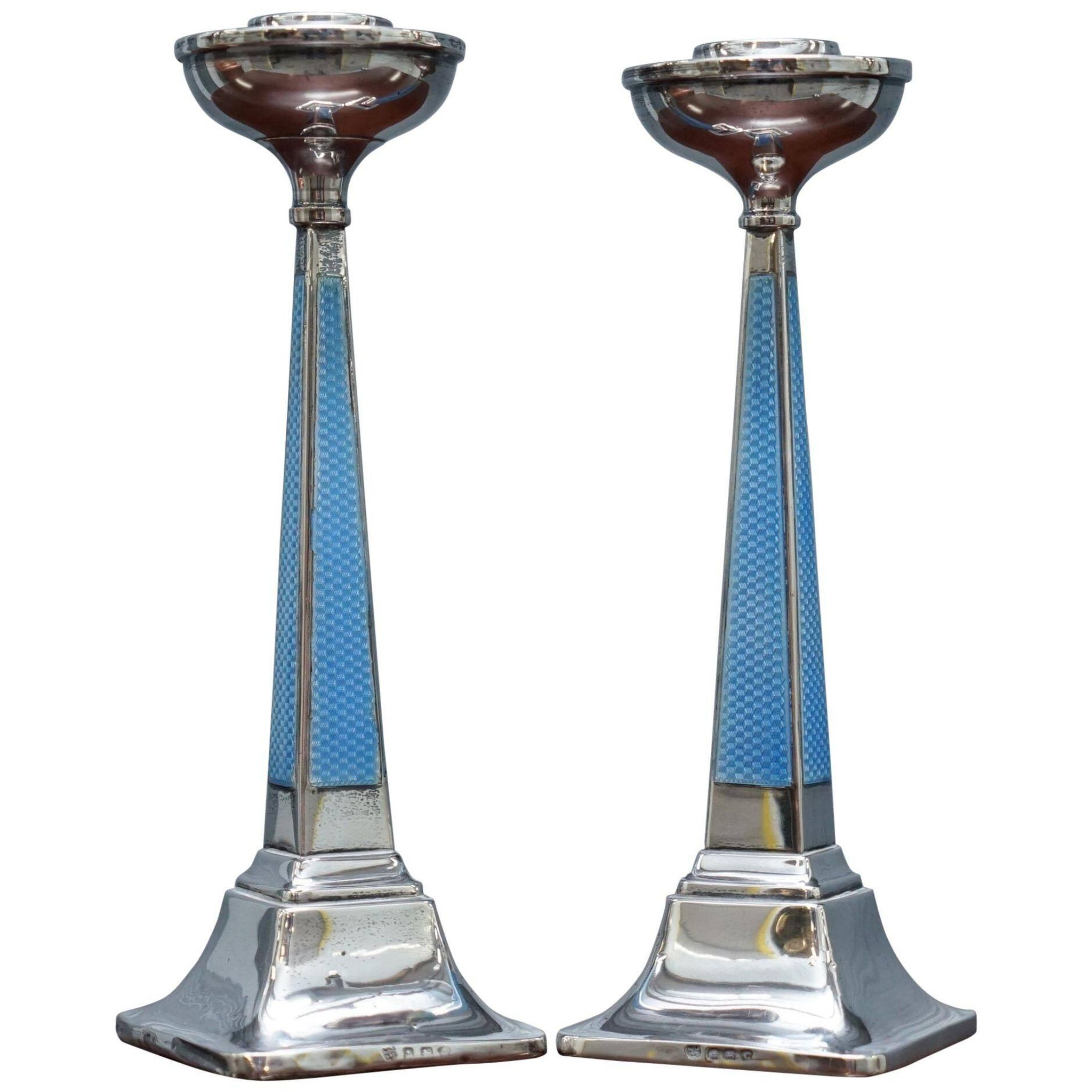 Pair of sterling silver and enamel candlesticks 1927 by Charles Green & Co.