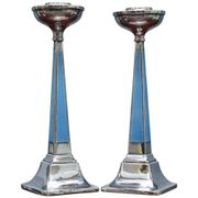 Pair of sterling silver and enamel candlesticks 1927 by Charles Green & Co.