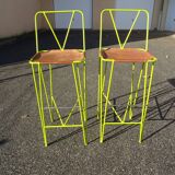 Pair of stools high bar stools leather and acidulous green metal