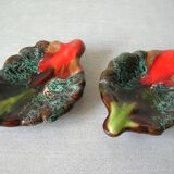 Set of 2 old Vallauris ramekin bowls with small retro decorative leaves