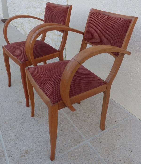 2 Chic 50s Bridge Armchairs Completely Refurbished in Solid Wood with Rust Velvet Seat