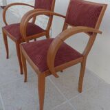 2 Chic 50s Bridge Armchairs Completely Refurbished in Solid Wood with Rust Velvet Seat