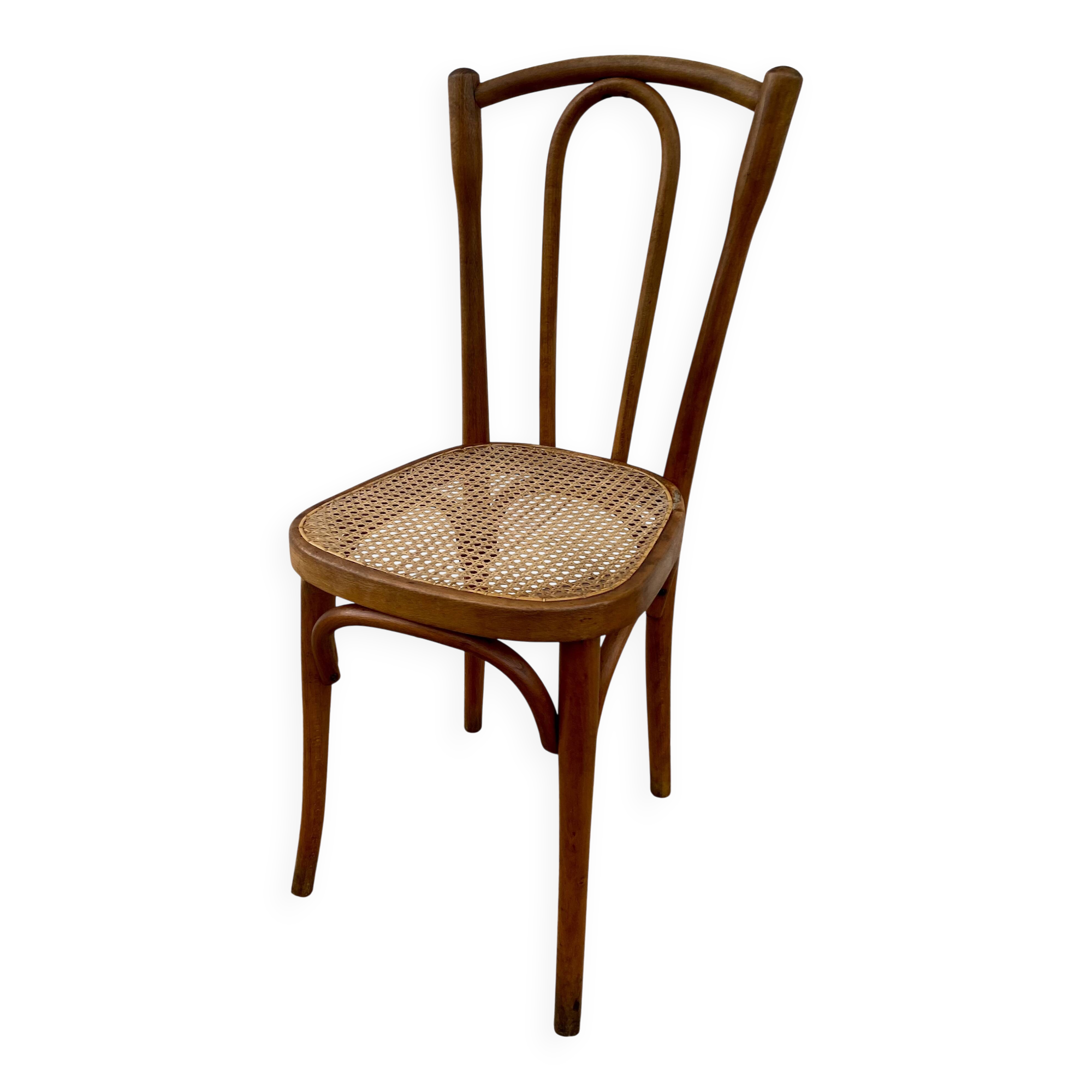 19th century bistro chair, signed, caned seat