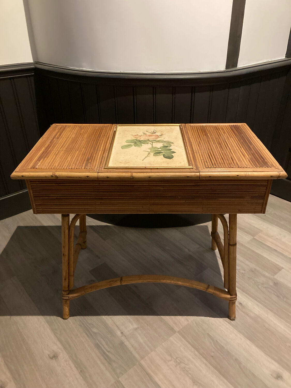 Hairdresser, vintage rattan desk, in the style of Audoux Minet.