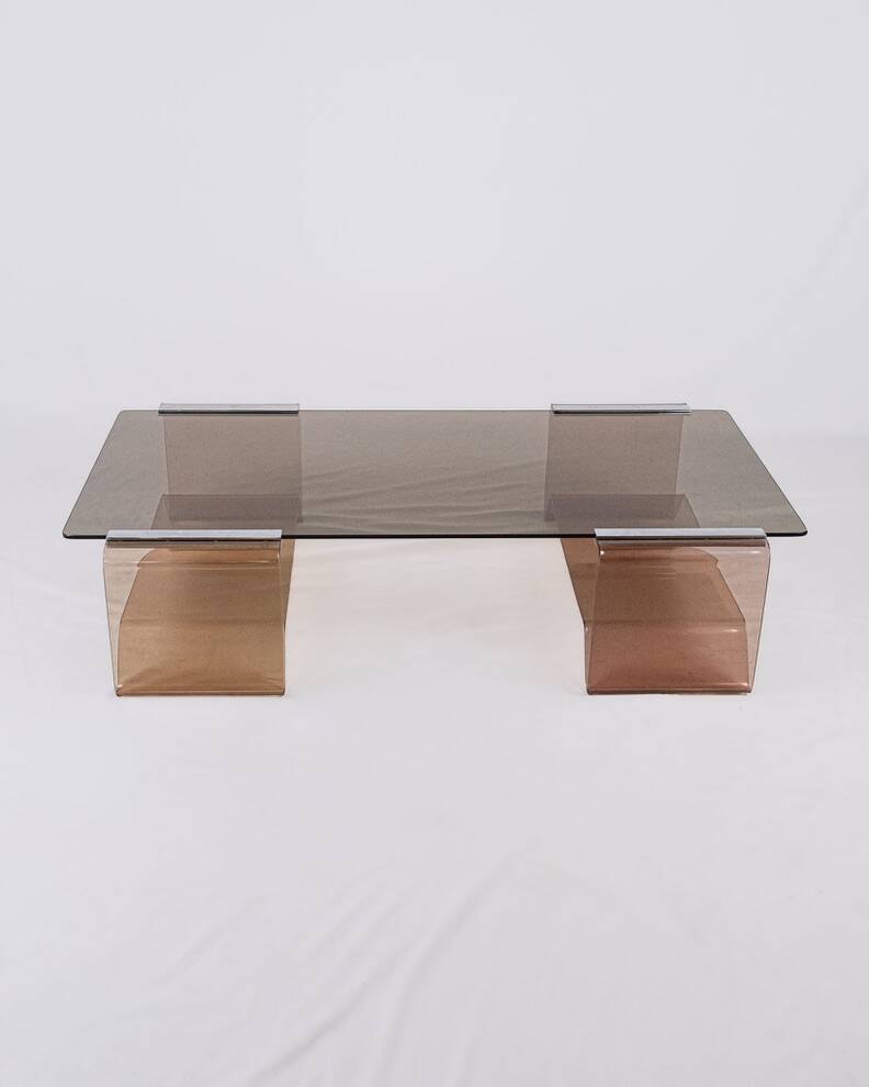 Table basse en plexi fumé et verre, Michel Dumas, France, 1970